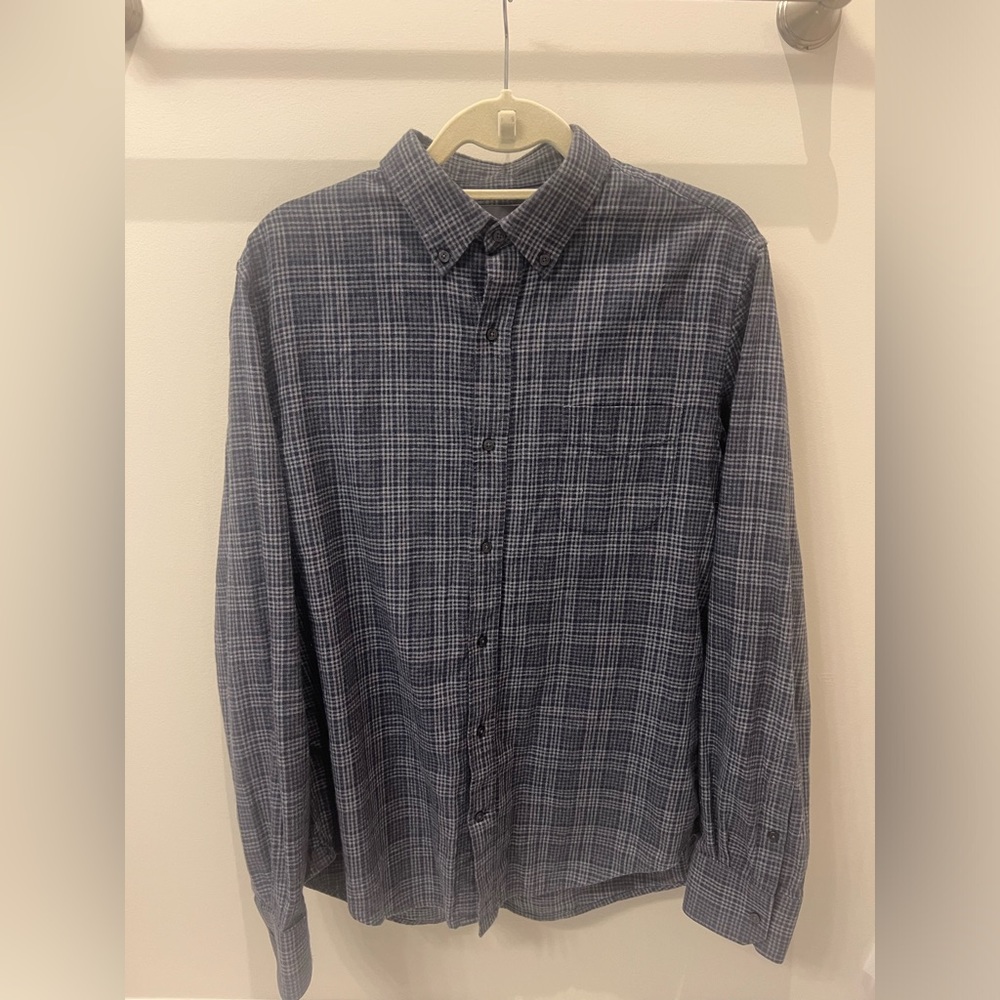 Vince 100% Cotton Men’s Plaid Button Down in Dark Navy/Grey/White, Size Large
